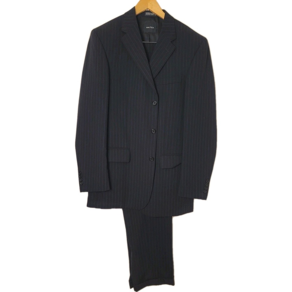 Nautica 2 Piece Suit 42L Navy Pinstripe‎ Jacket Pant 33x33 Pleated Cuff Wool